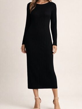 A new day Black Long Sleeve Ribbed Midi Dress with built in Camisole